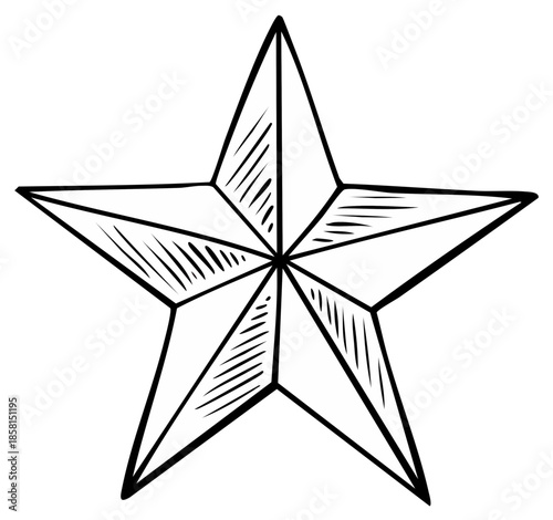 Hand drawn five point star with hatching for logo, icon, emblem. Vector doodle star drawing illustration. Festive christmas concept or award celebration.