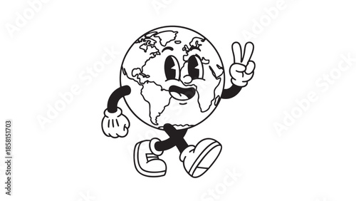 Cartoon globe character with arms and legs making peace sign