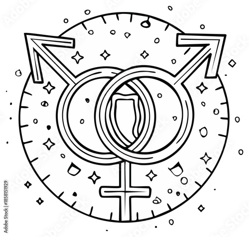 Hand Drawn Transgender Symbol in Circle with Stars Graphic Design Element