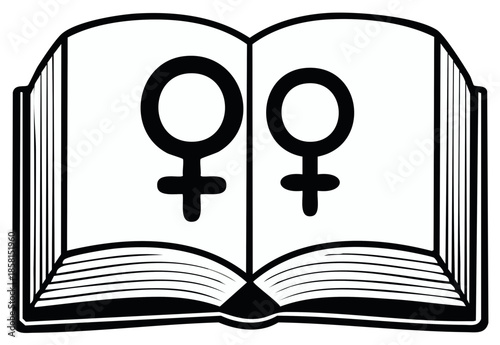 Feminism concept open book featuring a female gender symbol for women's rights