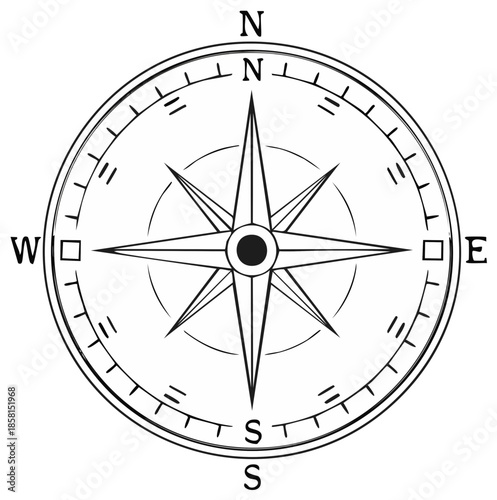 Classic compass rose illustration with cardinal directions N S E W and star design