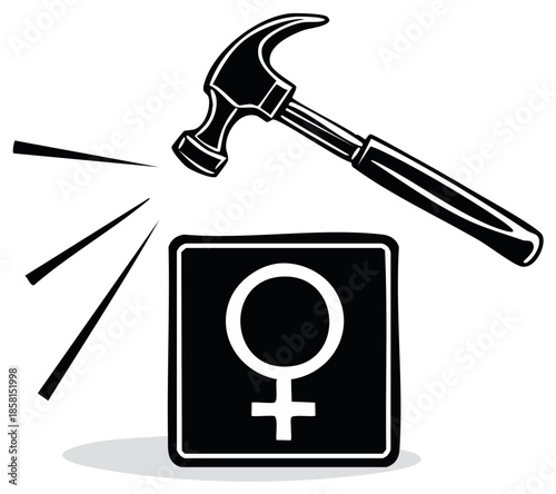 Hammer striking a female symbol sign indicating destruction or attack on gender identity