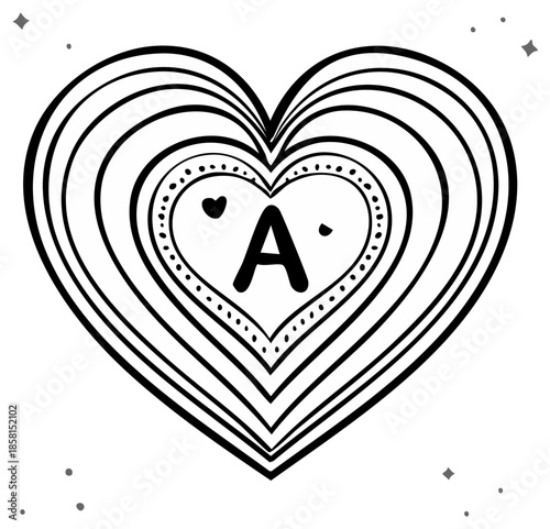 Letter A Inside a Hand-Drawn Heart Shape with Repeating Lines and Dots