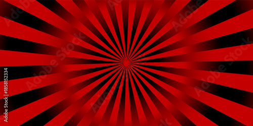 Dramatic red and black radial burst abstract background with hypnotic spiral rays from center, bold high contrast design for horror themes, rock music, gaming visuals, and powerful graphic concepts.