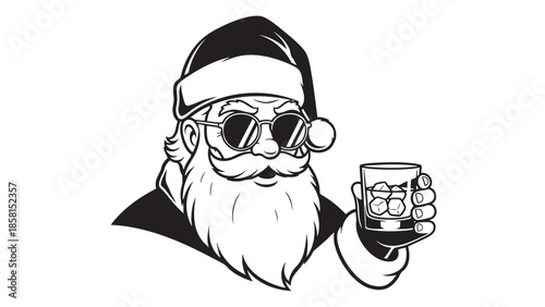 Cool santa claus wearing sunglasses holding a drink glass