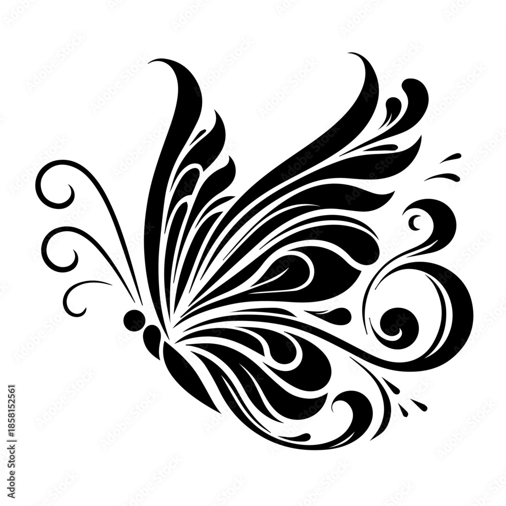 Fototapeta premium Black and white vector silhouette of a butterfly on white background