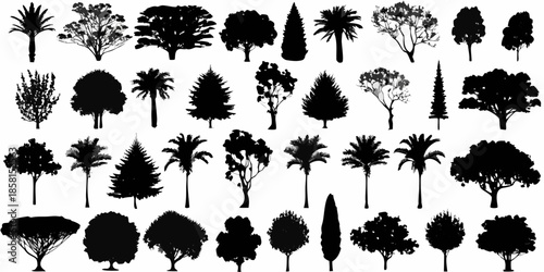 Collection of diverse tree silhouettes against a stark white background