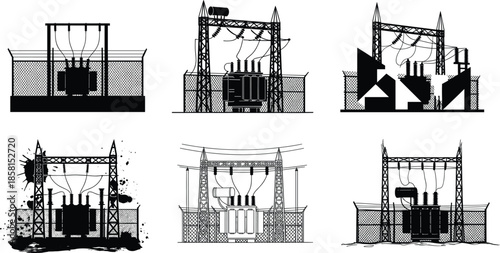 Industrial electrical substation silhouette set, high voltage power station illustrations, energy distribution infrastructure artwork, detailed transformer grid vector collection