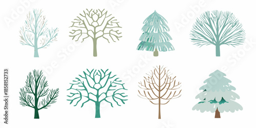 Collection of stylized winter trees in varying shades of blue and brown