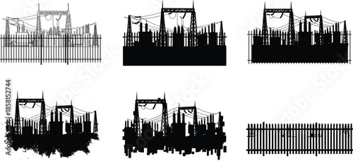 Industrial electrical substation silhouette collection with power lines, transformers, safety fence and high-voltage equipment in detailed black vector designs