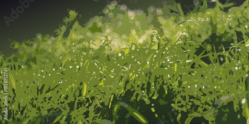 Abstract painting of lush green grass and delicate white wildflowers