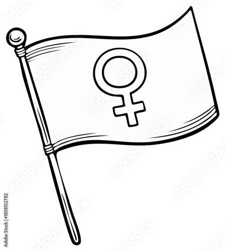 Black and white illustration of a flag with the female gender symbol