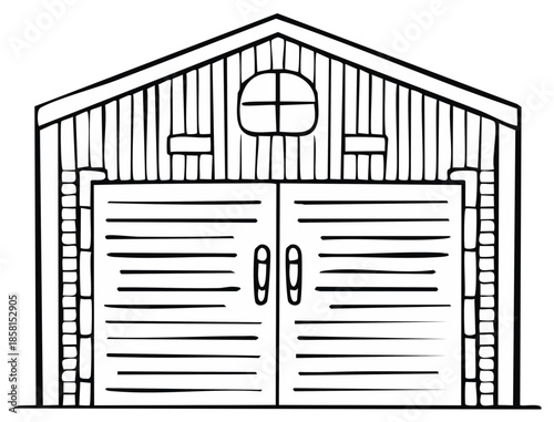 Simple hand-drawn illustration of a barn with double doors and a round window
