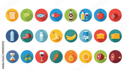 Large set of circular food icons with long shadows featuring bread meat fish cheese fruit vegetables and drinks for menu and grocery design uses.