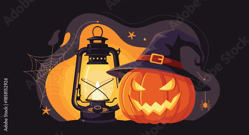 Spooky Halloween scene featuring a glowing jack-o-lantern wearing a witch hat next to a lit vintage lantern and spider webs on a dark background.