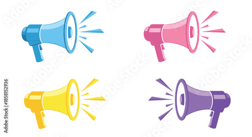Set of four colorful megaphones in blue pink yellow and purple with sound wave lines for marketing announcements and social media communication.
