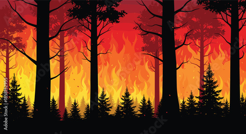 Dramatic silhouette of a forest with tall pine trees in front of a massive raging wildfire with orange and red flames for environmental awareness.