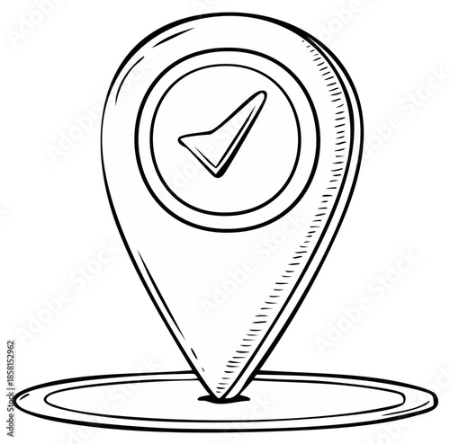Hand-Drawn Location Pin with Check Mark Icon and Circle Outline