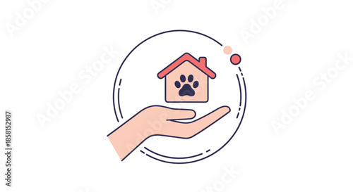 Human hand gently cradling a small house icon with a black paw print symbol inside a circle representing pet adoption and animal care.