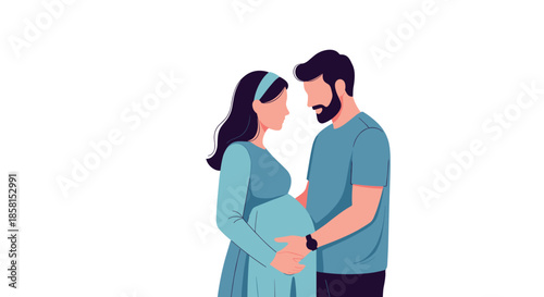Loving young couple expecting a baby with husband gently touching pregnant wife's belly in a flat illustration style on white background.