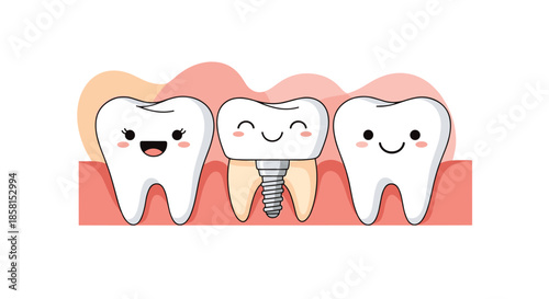 Cute cartoon dental characters showing a healthy dental implant between two natural teeth with happy smiling faces on a pink background.