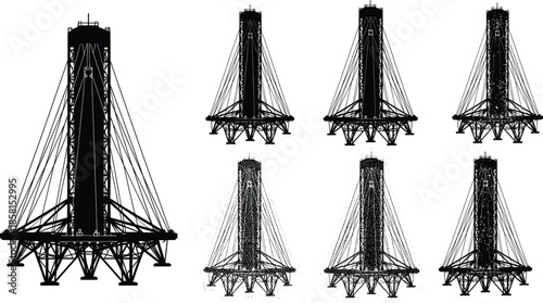 Industrial supported tower structure with multiple tension cables, heavy steel framework, architectural engineering silhouette design, construction technology illustration