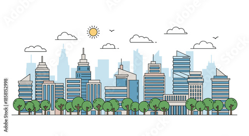 Modern city skyline illustration with various skyscrapers, clouds, sun, and a green park with trees in a thin line art style.