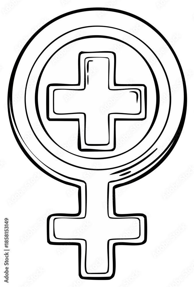 Fototapeta premium Medical symbol of female health with a plus sign, hand drawn illustration