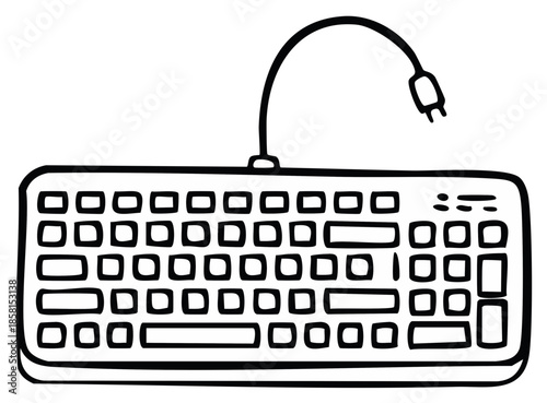 Stylized illustration of a computer keyboard with rounded rectangular keys in doodle style, on white backdrop