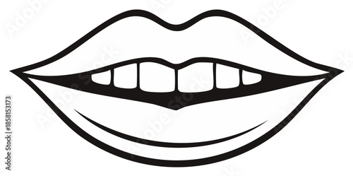 Black and White Open Mouth with Visible Teeth and Lips Line Art Illustration