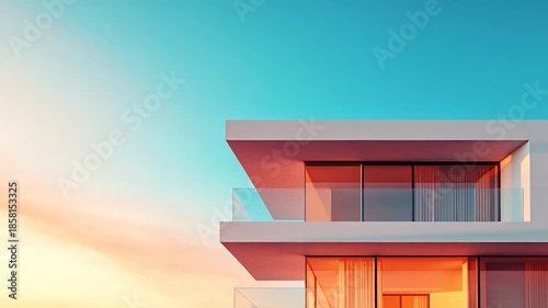 Modern Architectural Design - Luxury Home Exterior with Sunset Sky.