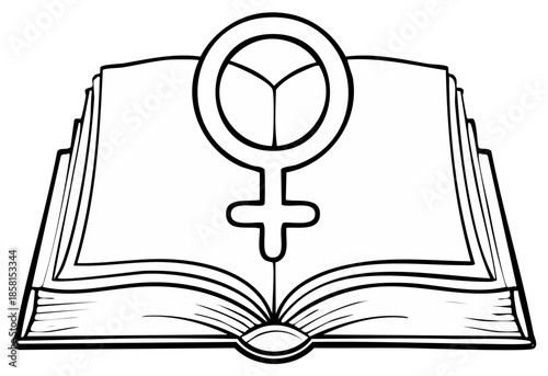 Open book with feminist symbol, black and white line art