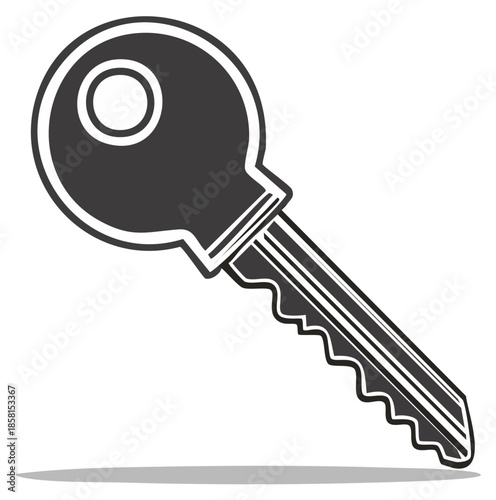 Simple illustration of a house key with clean lines and a stylized shadow