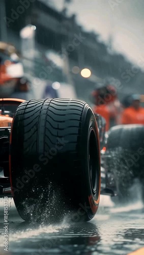 Racing tires splash through water on a wet track with blurred background