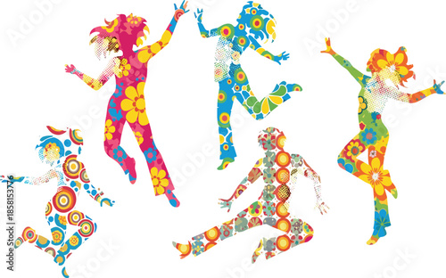 Jumping silhouettes, floral patterns, colorful vector, abstract people, dancing pose, vibrant design, joyful movement, ethnic art, celebration, decorative illustration