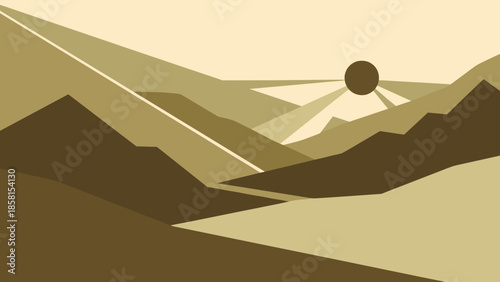 Abstract Landscape with Geometric Mountains and Sun.