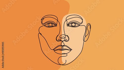 Abstract Line Art Portrait Minimalist Face Illustration on Orange Background.