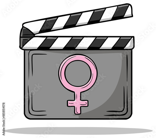 Female symbol on a movie clapperboard representing women in film and cinema production
