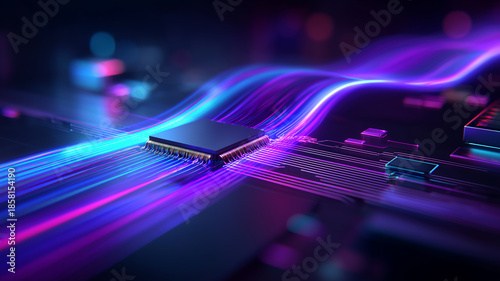 Obraz na płótnie A microchip receiving flowing digital signals representing advanced processing, high performance computation and integrated electronic systems. 
