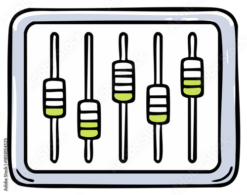 Hand Drawn Illustration of a Mixing Board with Five Faders and Green Indicator Lights