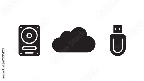 Cloud storage and data transfer icons, hard drive, cloud, usb flash drive