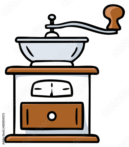 Hand crank coffee grinder for freshly ground beans in a kitchen, illustration of an old-fashioned mill for home use.