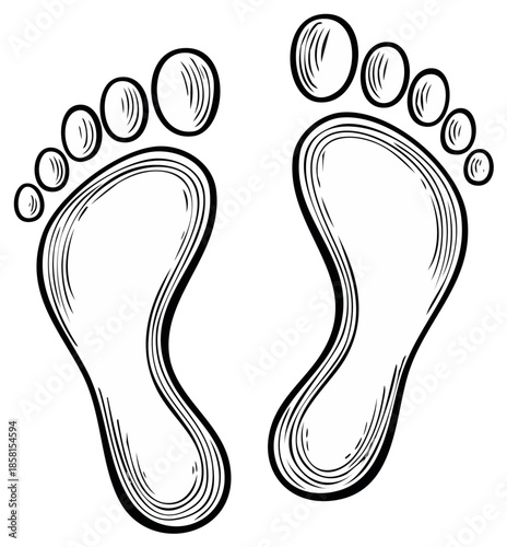 Footprint illustration, pair of bare feet, simple line art style, conceptual image of walking and freedom, human body part
