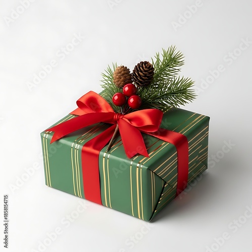 A festive Christmas tree stands adorned with decorations alongside a surprise holiday gift box wrapped in red paper with a gold ribbon bow and presents for an Xmas celebration
