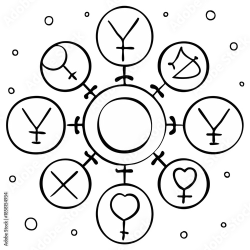 Mystical celestial symbols arranged in a spiritual mandala design with astrological and alchemical icons