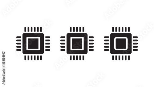 Microchip CPU icons for technology and electronics, black and white vector symbols