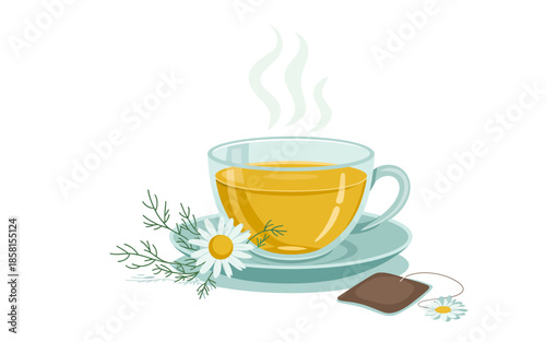 A cozy illustration of a steaming cup of chamomile tea accompanied by fresh herbs, evoking feelings of warmth, relaxation, and comfort in a soothing manner.