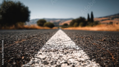 Wallpaper Mural Close-up asphalt road, white centerline, leading into a blurred landscape of trees, rolling hills, and blue sky Torontodigital.ca