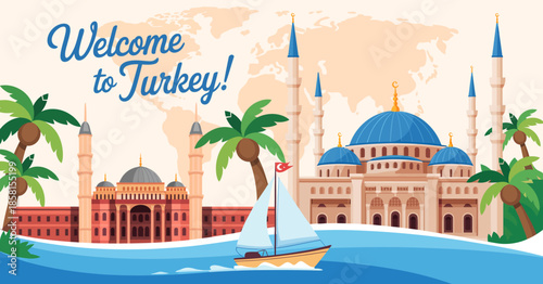 A vibrant travel illustration showcasing iconic landmarks in Turkey, complete with palm trees and a sailboat, inviting viewers to explore the rich culture and beauty of the country.