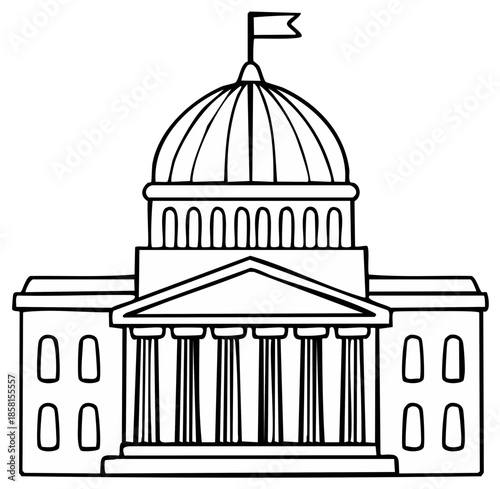 Illustration of a classical government building with a dome and flag